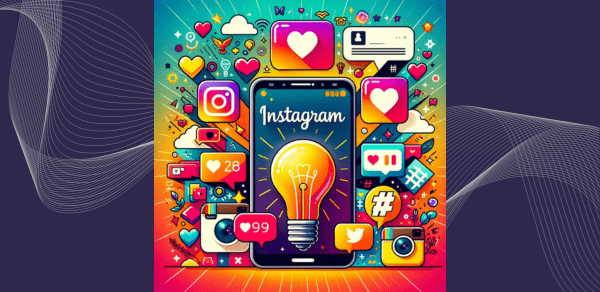 imagen de Instagram mostrando smartphone, Ã­conos y bombilla de ideas, en fondo colorido y creativo.