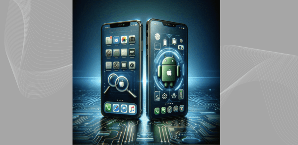 iPhone y Android lado a lado con caracterÃ­sticas ocultas destacadas, fondo tecnolÃ³gico futurista